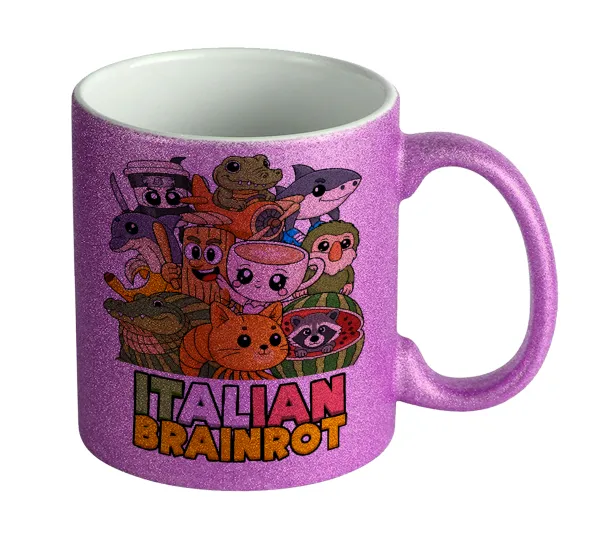 Italian Brainrot friends — Κούπα Μωβ Glitter που γυαλίζει, κεραμική, 330ml