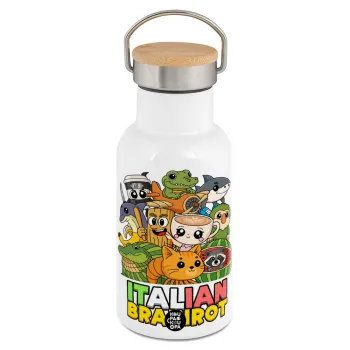 Italian Brainrot friends, Μεταλλικό παγούρι θερμός (Stainless steel) Λευκό με ξύλινο καπακι (bamboo), διπλού τοιχώματος, 350ml