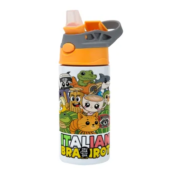 Italian Brainrot friends, Children's hot water bottle, stainless steel, with safety straw, Orange/Grey (360ml) BPA-FREE