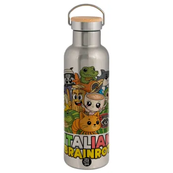 Italian Brainrot friends, Stainless steel Silver with wooden lid (bamboo), double wall, 750ml
