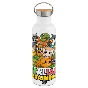 Italian Brainrot friends, Stainless steel White with wooden lid (bamboo), double wall, 750ml