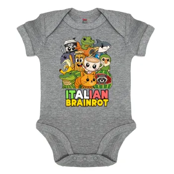 Italian Brainrot friends, Βρεφικό φορμάκι μωρού, 0-18 μηνών, ΓΚΡΙ ΜΕΛΑΝΖΕ, 100% Organic Cotton, κοντομάνικο