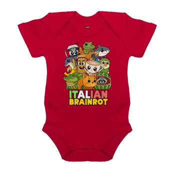Italian Brainrot friends, Βρεφικό φορμάκι μωρού, ΚΟΚΚΙΝΟ, 100% Organic Cotton, κοντομάνικο