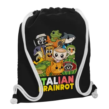 Italian Brainrot friends, Τσάντα πλάτης πουγκί GYMBAG Μαύρη, με τσέπη (40x48cm) & χονδρά λευκά κορδόνια