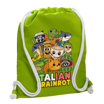Italian Brainrot friends, Backpack bag GYMBAG LIME GREEN, with pocket (40x48cm) & thick cords
