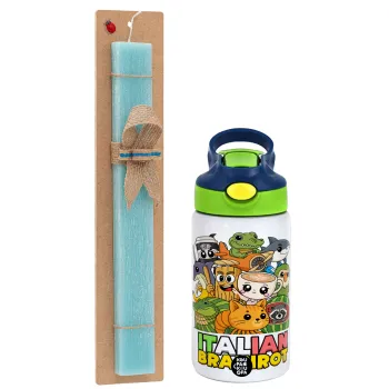 Italian Brainrot friends, Easter Set, Children's thermal stainless steel bottle with safety straw, green/blue (350ml) & aromatic flat Easter candle (30cm) (TURQUOISE)