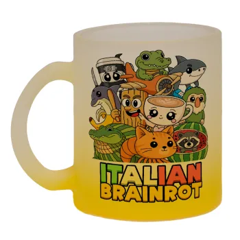 Italian Brainrot friends, Κούπα γυάλινη δίχρωμη με βάση το κίτρινο ματ, 330ml