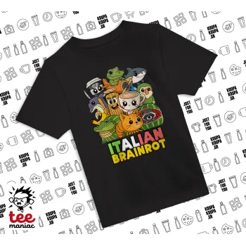 Italian Brainrot friends, Άνετο παιδικό T-Shirt ΜΑΥΡΟ από 100% βαμβάκι, για κάθε μέρα. Vegan & OEKO-TEX πιστοποιημένο.