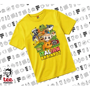 Italian Brainrot friends, yellow childrens T-Shirt made of 100% cotton, for every day. Vegan & OEKO-TEX certified.