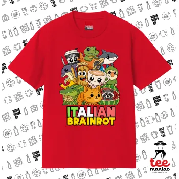 Italian Brainrot friends, Κλασικό T-Shirt, διπλής ραφής, χωρίς πλευρικές ραφές ΚΟΚΚΙΝΟ από 100% βαμβάκι. Vegan & OEKO-TEX πιστοποιημένο.