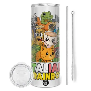 Italian Brainrot friends, Tumbler ποτήρι θερμό από ανοξείδωτο ατσάλι 600ml, με μεταλλικό καλαμάκι & βούρτσα καθαρισμού