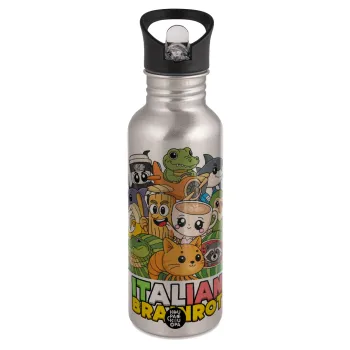 Italian Brainrot friends, Παγούρι νερού Ασημένιο με καλαμάκι, ανοξείδωτο ατσάλι 600ml