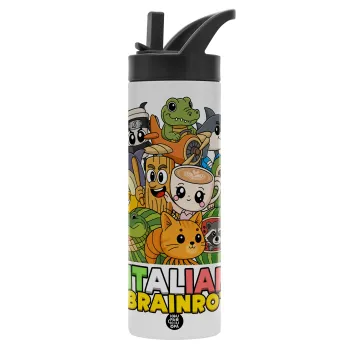 Italian Brainrot friends, Μεταλλικό παγούρι θερμός με καλαμάκι & χειρολαβή, ανοξείδωτο ατσάλι (Stainless steel 304), διπλού τοιχώματος, 600ml