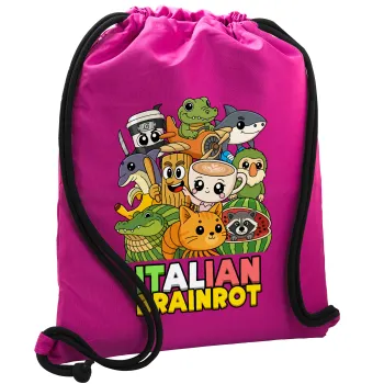 Italian Brainrot friends, Τσάντα πλάτης πουγκί GYMBAG Φούξια, με τσέπη (40x48cm) & χονδρά κορδόνια