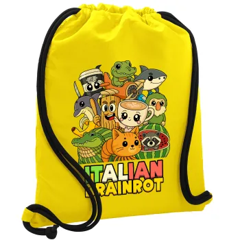 Italian Brainrot friends, Τσάντα πλάτης πουγκί GYMBAG Κίτρινη, με τσέπη (40x48cm) & χονδρά κορδόνια