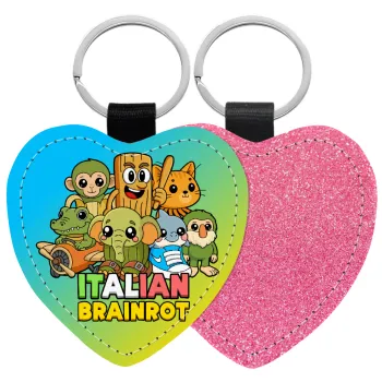 Italian Brainrot friends, Μπρελόκ PU δερμάτινο glitter καρδιά ΡΟΖ