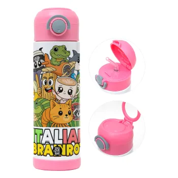Italian Brainrot friends, Παιδικό παγούρι θερμό, ανοξείδωτο, με καλαμάκι ασφαλείας, ΡΟΖ (500ml)