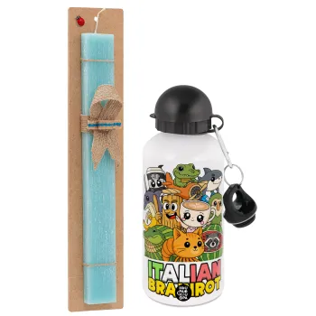 Italian Brainrot friends, Easter Set, metallic aluminum water bottle (500ml) & scented flat candle (30cm) (TURQUOISE)