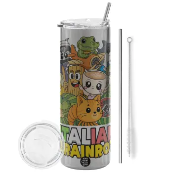 Italian Brainrot friends, Tumbler stainless steel Silver 600ml, with metal straw & cleaning brush