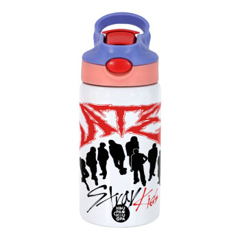 Stray Kids Boy band, Παιδικό παγούρι θερμό, ανοξείδωτο, με καλαμάκι ασφαλείας, ροζ/μωβ (350ml)
