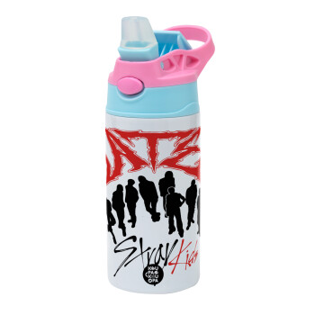 Stray Kids Boy band, Παιδικό παγούρι θερμό, ανοξείδωτο, με καλαμάκι ασφαλείας, Ροζ/Σιελ (360ml) BPA FREE
