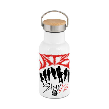 Stray Kids Boy band, Μεταλλικό παγούρι θερμός (Stainless steel) Λευκό με ξύλινο καπακι (bamboo), διπλού τοιχώματος, 350ml