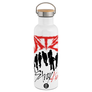 Stray Kids Boy band, Μεταλλικό παγούρι θερμός (Stainless steel) Λευκό με ξύλινο καπάκι (bamboo), διπλού τοιχώματος, 750ml