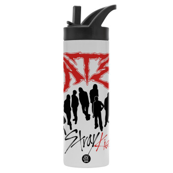 Stray Kids Boy band, Metallic thermos bottle with straw & handle, stainless steel (Stainless steel 304), double-walled, 600ml.