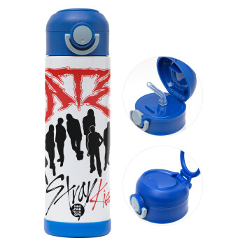 Stray Kids Boy band, Children's hot water bottle, stainless steel, with safety straw, BLUE (500ml)