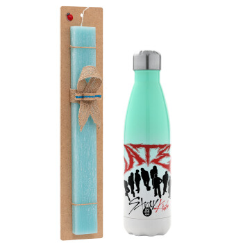 Stray Kids Boy band, Easter Set, Metallic green/white thermos (Stainless steel), double-walled, 500ml & scented flat Easter candle (30cm) (TURQUOISE)