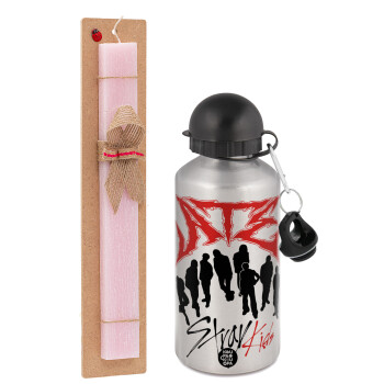 Stray Kids Boy band, Easter Set, metallic Silver aluminum water bottle (500ml) & scented flat Easter candle (30cm) (PINK)