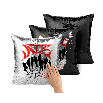 Stray Kids Boy band, Μαξιλάρι καναπέ Μαγικό Μαύρο με πούλιες 40x40cm περιέχεται το γέμισμα