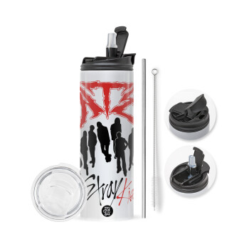 Stray Kids Boy band, Travel Tumbler 2 Lids, with metal straw & cleaning brush (Stainless steel 304 Food grade, BPA free, 600ml)