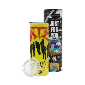 Stray Kids Boy band, Neon Yellow Travel Tumbler, with metal straw (Stainless steel 304 Food grade, BPA free, 600ml)