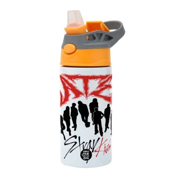 Stray Kids Boy band, Children's hot water bottle, stainless steel, with safety straw, Orange/Grey (360ml) BPA-FREE