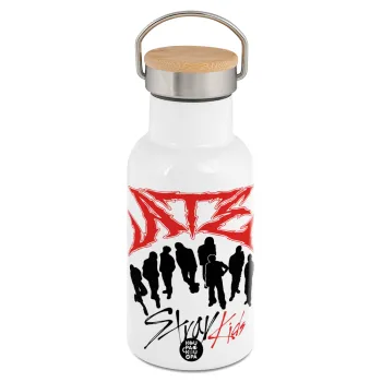 Stray Kids Boy band, Μεταλλικό παγούρι θερμός (Stainless steel) Λευκό με ξύλινο καπακι (bamboo), διπλού τοιχώματος, 350ml