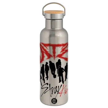 Stray Kids Boy band, Stainless steel Silver with wooden lid (bamboo), double wall, 750ml