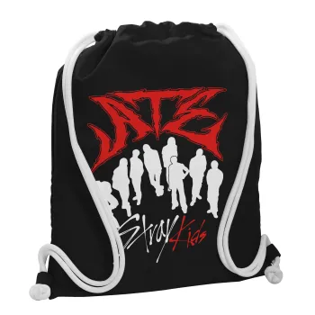 Stray Kids Boy band, Τσάντα πλάτης πουγκί GYMBAG Μαύρη, με τσέπη (40x48cm) & χονδρά λευκά κορδόνια