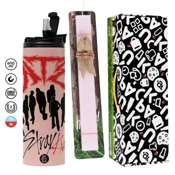 Stray Kids Boy band, Easter candle,Travel Tumbler 2 Lids, with metal straw & cleaning brush & aromatic flat candle (30cm) (PINK)