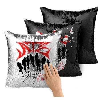 Stray Kids Boy band, Μαξιλάρι καναπέ Μαγικό Μαύρο με πούλιες 40x40cm περιέχεται το γέμισμα