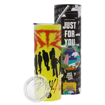Stray Kids Boy band, Neon Yellow Travel Tumbler θερμό, μεταλλικό καλαμάκι(Ανωξείδωτο 304 Food grade, BPA free, 600ml)