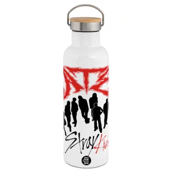 Stray Kids Boy band, Μεταλλικό παγούρι θερμός (Stainless steel) Λευκό με ξύλινο καπάκι (bamboo), διπλού τοιχώματος, 750ml
