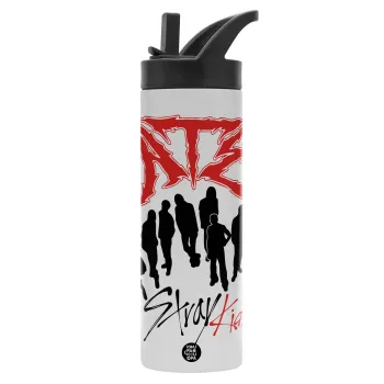 Stray Kids Boy band, Metallic thermos bottle with straw & handle, stainless steel (Stainless steel 304), double-walled, 600ml.