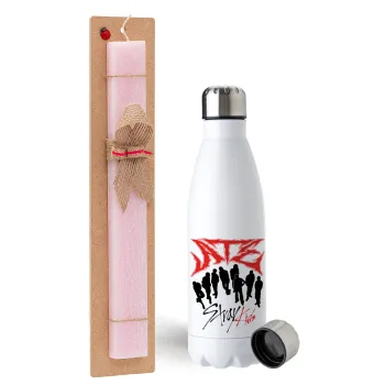 Stray Kids Boy band, Easter Set, metallic stainless steel water bottle (750ml) & scented flat Easter candle (30cm) (PINK)