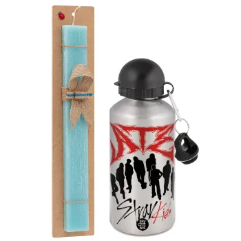 Stray Kids Boy band, Easter Set, metallic silver aluminum water bottle (500ml) & scented flat Easter candle (30cm) (TURQUOISE)