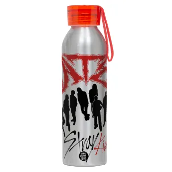 Stray Kids Boy band, Aluminum Sports Bottle 650ml – Silver with Red Cap and Silicone Strap