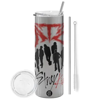 Stray Kids Boy band, Tumbler ποτήρι θερμό Ασημένιο από ανοξείδωτο ατσάλι 600ml, με μεταλλικό καλαμάκι & βούρτσα καθαρισμού