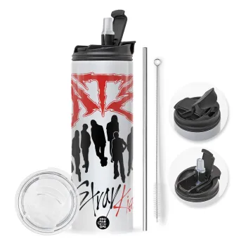 Stray Kids Boy band, Travel Tumbler θερμό με διπλό καπάκι, μεταλλικό καλαμάκι και βούρτσα καθαρισμού (Ανωξείδωτο 304 Food grade, BPA free, 600ml)