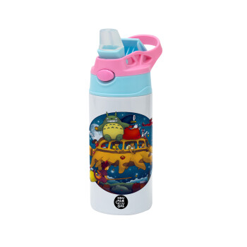 Totoro Catbus, Παιδικό παγούρι θερμό, ανοξείδωτο, με καλαμάκι ασφαλείας, Ροζ/Σιελ (360ml) BPA FREE