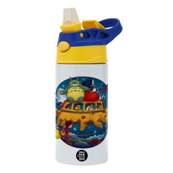 Totoro Catbus, Children's hot water bottle, stainless steel, with safety straw, green, blue (360ml) BPA FREE